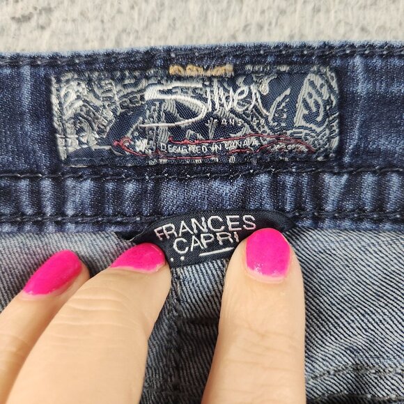 Silver Jeans Women's 31 Frances Mid Capri Stretch Low Rise Whiskered Blue Denim - Picture 7 of 11